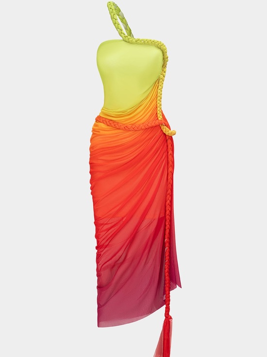 Micas Dresses & Skirts - One-Shoulder Ombre Midi Dress in Lime, Orange & Red